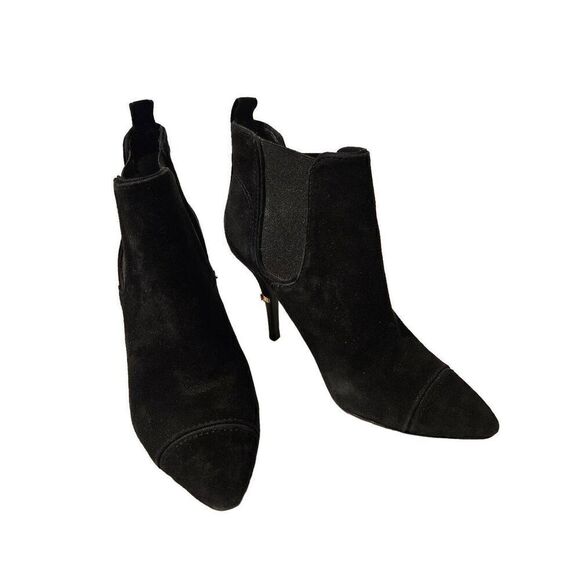 Tory Burch black suede ankle booties with gold emblem on heel. Size 7. - Picture 1 of 6